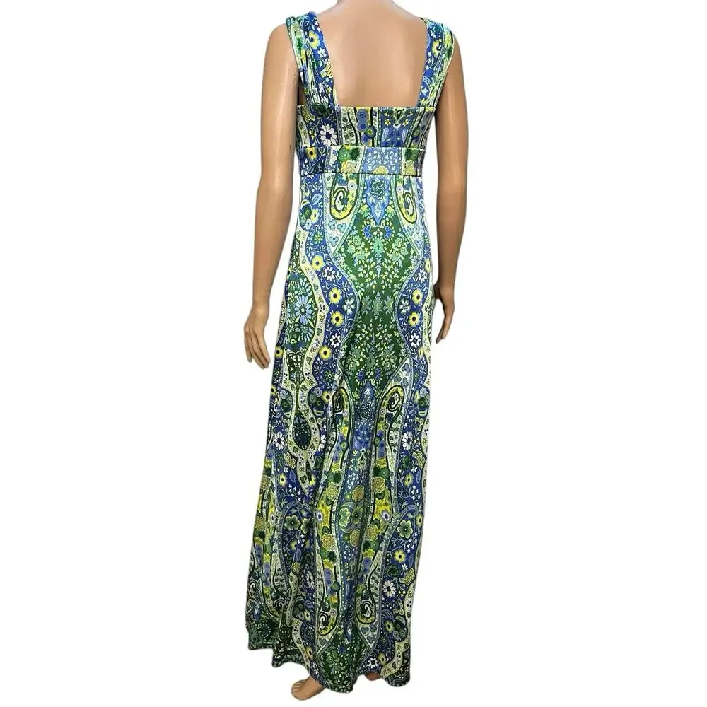 Gianni Bini Floral Maxi Dress 4 Blue Multi Retro Colorful Sleeveless V Neck Mod